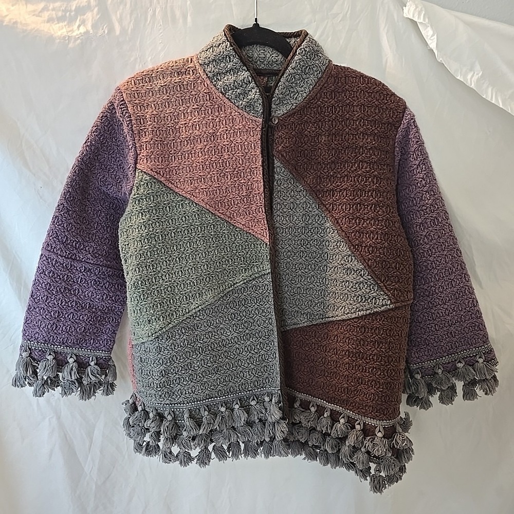 Sacred Threads Women Boho Patchwork Jacket Sz L/XL Fringe Tassel Festival